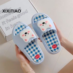 XIXITIAO ins Style One-Word Summer Student Color-Contrast Check Bathroom Slippers Home Cute White Dog Female Personality Slippers