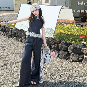 Children New Summer Denim Suit with Lace Girls Fashion Clothing Set Street Sleeveless Outfit Kids Elegant Navy Color Tracksuit h260702