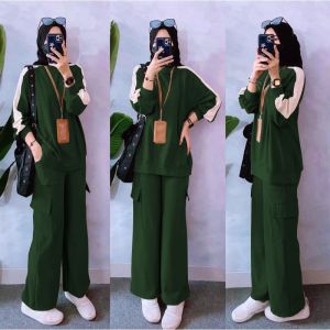 Ilona - Carissa Set Wanita Setelan Baju Atasan+Celana Kulot List Sporty Waffle Fit XL Jumbo Terbaru