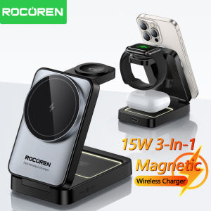 Rocoren 3 in 1 15W Wireless Charger Stand for iPone16 15 14 13 Pro Max Airpods iWatch Folding Holder Fast Charging Dock Station