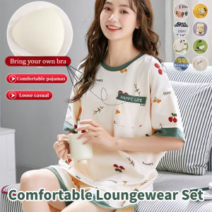 Comfortable Loungewear Set With Chest Pad High Quality Short Sleeve Pajamas Cotton Printed Adult Sleepwear