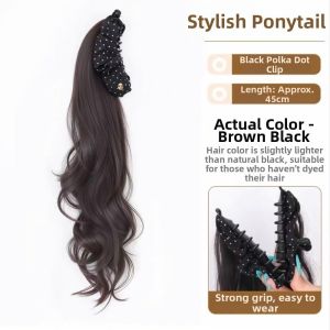 KECTTIO Elegant Banana Claw Clip Ponytail Wig Synthetic with Grab Clip Polka Dot Pony Tail Hair Piece Vintage Fake Long Wavy Layered Ponytail For Women
