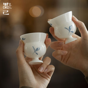 墨己白瓷兰花手绘高足茶杯功夫茶具家用单杯品茗杯青花聚香主人杯