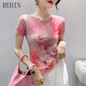 REHIN เสื้อยืดผู้หญิงผ้าตาข่ายแฟชั่นใหม่ฤดูร้อนแขนสั้นพิมพ์ลายไม่ซ้ำใครคอกลมสลิมฟิตอินเทรนด์