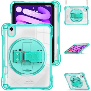 Heavy Duty Shockproof Rugged Kids Case For iPad Mini 7 A17 Pro 2024 With Rotating Hand Ring Kickstand Holder Built-in Pencil Slot Holder Come With Adjustable Shoulder Strap
