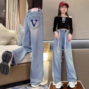 Jogging Pants for Kids Girls Loose Straight Ripped Jeans Street Overalls Wide Leg Pants for Girls Aged 5 to 13