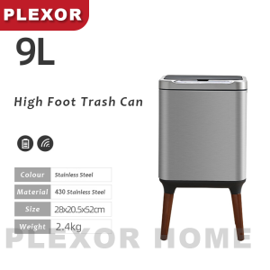 Plexor 9L/13L Automatic Metal Garbage Can with Lid Brushed Stainless Steel Motion Sensor Trash Can with Lengthen Wooden Legs Kitchen High Foot Dustbin for Bedroom Wastebasket Dog Proof Trash Bin for Bathroom Bedroom（White/Black）