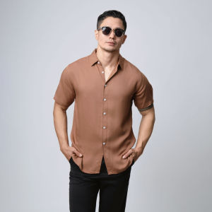 VENGOZ Kemeja Pria Slim Fit - Viscose Tan Brown SS