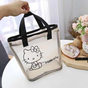 SOTOP ไนลอนทำจากไนลอน กระเป๋าสะพายไหล่ตาข่าย กระเป๋ามีช่อง โปร่งใสโปร่งใส กระเป๋าเก็บของพิมพ์ลายคิตตี้ กระเป๋าสำหรับชุดแต่งหน้า ระบายอากาศได้ระบายอากาศ กระเป๋าโท้ทตาข่าย สาวๆ