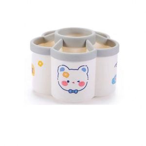 FDGFGG 360° Rotating Petal-shaped Pen Holder with Cartoon Sticker White Pencil Organizer Portable Large-capacity Lipstick Storage Box Office