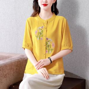 Jualan Panas@LUCKIN STORE Top for women Cotton Linen Embroidery Top Womens Short Sleeve Ethnic Blouse Cotton Linen Shirt 2026 Summer New Plus Size T-Shirt