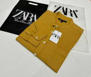 Kemeja ZARA Pria Lengan Panjang Kerah Shanghai Formal Kemeja Sage