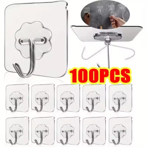 【100Pcs】Transparent Self-Adhesive Wall Hooks Strong No-Drill Hangers for Doors and Walls Kitchen Bathroom