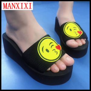 MANXIXI Brand Korean Version Fashion Wedge Heels 2.36 Inches Sandals Emoji Pattern Inlay Rubber Sole Sturdy Flat Slippers For Women (Size 34-39)