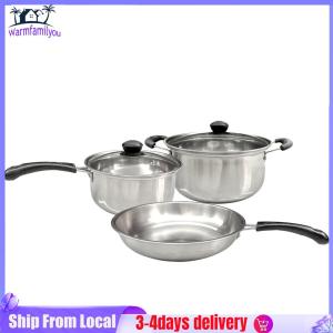 3Pcs Saucepan Set Stainless Steel Cooking Pots & Saucepan with Glass Lids and Stay Cool Handle Cookware Set for All Types of Cookers