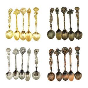 Antique Style 3D Embossed Durable Alloy Spoons 5 Piece Utensils Set Antique Relief Kitchen Accessories For Home Restaurant