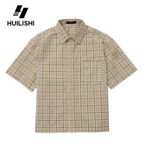 HUILISHI Box Fit Polo for Men Crop Top Cotton Plaid striped Korean style short-sleeved shirt