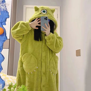 Anime Cartoon Big Eyes Nightgown Pajamas Hooded Coral Fleece Bathrobe Cartoon Character Big Eyed Monster Mike Cosplay Sleepwear Winter Thickened Homewear
