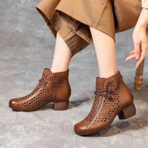 ZEEMIN Womens Spring Summer Leather Hollow Out Block Heel Ankle Boot Soft Sole Non Slip Breathable Round Toe Ethnic Style Cool Boots