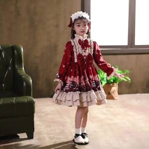 Budak Perempuan Lolita Merah lolita Pakaian Kanak-Kanak Skirt 2024 Gaun Puteri Musim Panas Lolita Menebal Pakaian Kanak-kanak