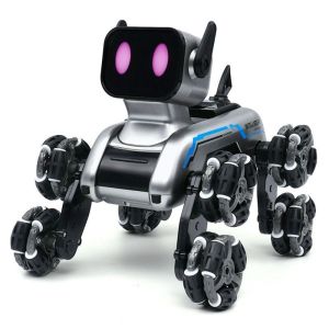 YUDESHUI Silver RC AI Robot Eight Wheeled Plastic Remote Control Robot  8 Wheel Pet Dog Childrens Gift