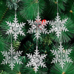 【TaroBall】6Pcs Snowflake Christmas Decorations Set Winter Party Transparent Crystal Christmas Tree Hanging Pendant Xmas Home Ornaments