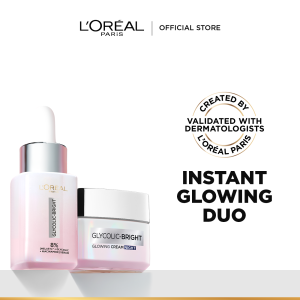 LOreal Paris Glycolic Bright Instant Glowing Duo Glycolic Acid Skin Care Set - Glow Face Serum (15ml/30ml) and Glow Night Cream (15ml/50ml) - For Brightening Dark Spots Dull Skin Glowing Skin