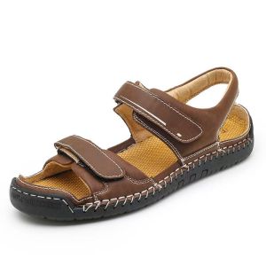 ZEEMIN Summer New Mens Leather Big Size Flat Sole Sandal Soft Sole Non Slip Baotou Hollow Out Velcro Lightweight Outdoor Beach Sandals