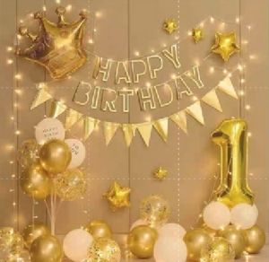 Children Birthday Party Happy Gold Crown Stars theme Backdrop Decoration set Balloons Banners [PBS008]