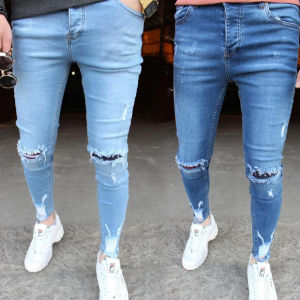HOPEU Skinny Ripped Jeans for Men Long Pants Man Torn Slim Fit Frayed Elastic Denim Jogger Jeans New Style Pants for Men Straight Stretchable Casual Trousers Mens Celana Panjang Lelaki Seluar Jeans Lelaki Koyak 牛仔裤男