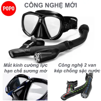 Bộ kính lặn ống thở thế hệ mới ngăn nước 100% với 2 van chống sặc POPO TUO mặt nạ lặn biển mắt kính cường lực