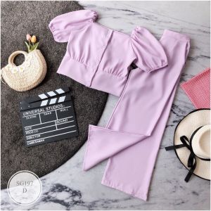 SG197 set 2 ชิ้น เสื้อแขนตุ๊กตาคอเหลี่ยม ติดกระดุมหน้า เนื้อผ้าซาร่า + กางเกงขายาว เอวสม็อคหลัง ใส่สบาย ไม่ร้อน ทรงสวยมากจ้า