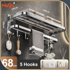 sus304 Towel Rail Wall Mounted 2-Tier Foldable Towel Holder Bath Towel Rack With Hooks