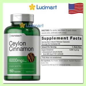 Viên uống hỗ trợ đường huyết từ quế Ceylon Cinnamon 4000mg Horbaach hũ 250 viên [Hàng Mỹ]