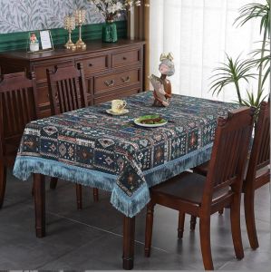 [130*180] Khăn trải bàn chenille dệt thoi cao cấp màu xanh thẫm họa tiết cổ điển sang trọng có tua rua [T038]