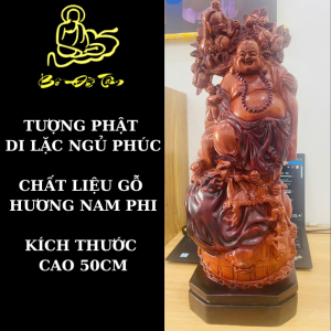 Tượng Phật Di Lặc Ngũ Phúc cao 50cm chất liệu Gỗ Hương Nam Phi chạm khắc tinh xảo trang trí nhà cửa/phòng khách/bàn làm việc...