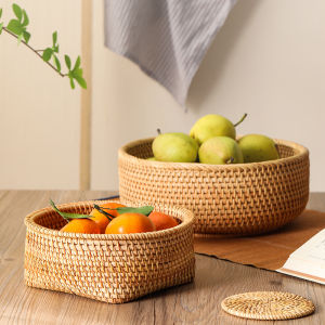 Rattan Fruit Basket Bread Tray Hand Woven Round Storage Basket Coffee Table Fruit Vegetable Holder Food Tray Room Organizer