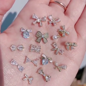 3D Pearl Pendant Nail Charms Gems Metal Jewels Stones Sparkly Bow Nails Art Decorations Not Nail AB Rhinestones