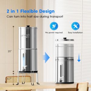 Purewell Water filter system. Upgraded 6 stage gravity fed water filtration no need for electricity to have clean drinking water. 304 stainless steel with 2 filters and stand. Upgraded 6-Stage 0.01μm Ultra-Filtration. Reduce 99% Chlorine 2.25G PW-FH.