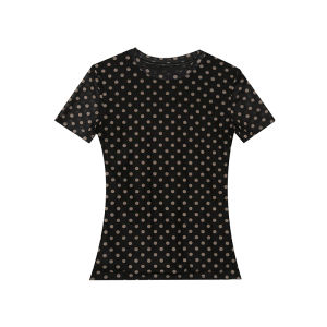 REHIN Womens top Summer mesh dots printing short-sleeved T-shirt round neck S-3XL slim fit tide trend blouse