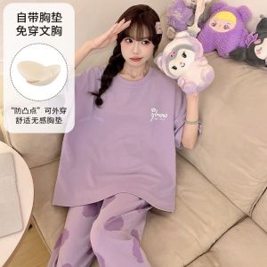 Ins Hot Pajamas with Chest Cushion Sleepwear Womens Summer Short Sleeved Pants Home Wear Two Piece Set Girls Cute Cartoon Thin Casual Lounge Wear Can Be Worn Outside Set
