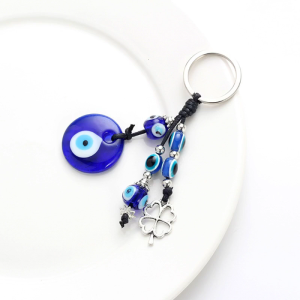Turkish Blue for Evil Eye Keychain Car Pendant Keychain with Blue Beads Four-leaf Clover Keychain Good Luck House Keyrin