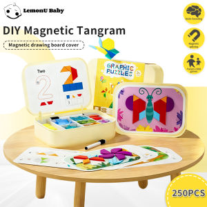 250PCS Magnetic Jigsaw Puzzle with 96 Page Book Portable Case Wooden Tangram Blocks