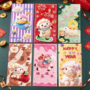 COOLCELLS 6pcs Phong cách Trung Hoa Phong bì tiền năm Dê Lời chúc phúc Hoạt hình Túi lì xì may mắn Dễ thương Hiệu ứng 3D Bao lì xì năm mới Tết Nguyên Đán