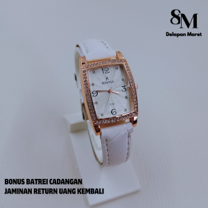 ROVINA DM1246 JAM TANGAN PERSEGI WANITA JAM CEWEK TALI KULIT GLOSSY BODY BINTIK PERMATA JAM TANGAN DELAPAN MARET