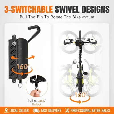 (SG READY STOCK) Swivel Bike Rack Wall Mount-Garage Bike Holder Hanger & Space-Saving Vertical Bike Stand for Garage & Apartment Sturdy Bicycle Storage Hook Holds 66 lbs Easy Installation & Scratch-Proof Design