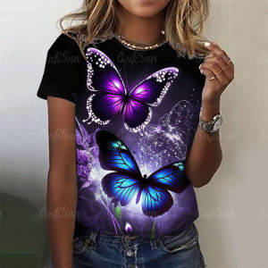 2024 Fashion Woman T Shirt 3D Butterfly Print Crew Neck Short Sleeve Tee Luxury Female T-shirts Oversized Y2k Clothing For Girls