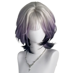STARGOODS Synthetic Gradient Purple Black Layered Wig Ombre Anime Medium Straight Hair Full Head Cover Natural Jellyfish Wig with Bangs for Women