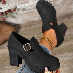[Free Shipping] Plus-Size Autumn New Collection: Black Metallic Buckle Chunky Heel High-Heeled Deep-Toe Pumps For Women Suitable For Both Indoor And Outdoor Wear Fashionable Single Shoes
