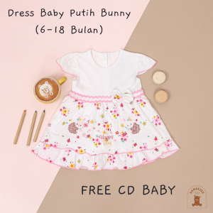 Dress Bayi Perempuan Putih Bunny List untuk Anak 6-18 Bulan Free Celana Dalam Bayi Murah Terjangkau / Dress Baby Gaun Bayi Bahan Katun / Bisa COD Bayar di Tempat